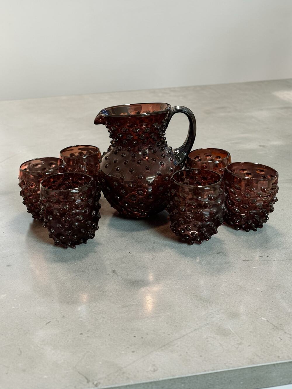 Vintage Amethyst Hobnail Glass Pitcher & Tumbler Set (7-Piece)